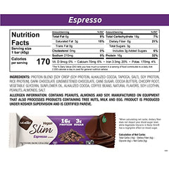 NuGo Slim Dark Chocolate Espresso bar front shows rich dark chocolate coating.