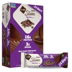 NuGo Slim Dark Chocolate Espresso pack shot: gluten-free, high-protein snack.