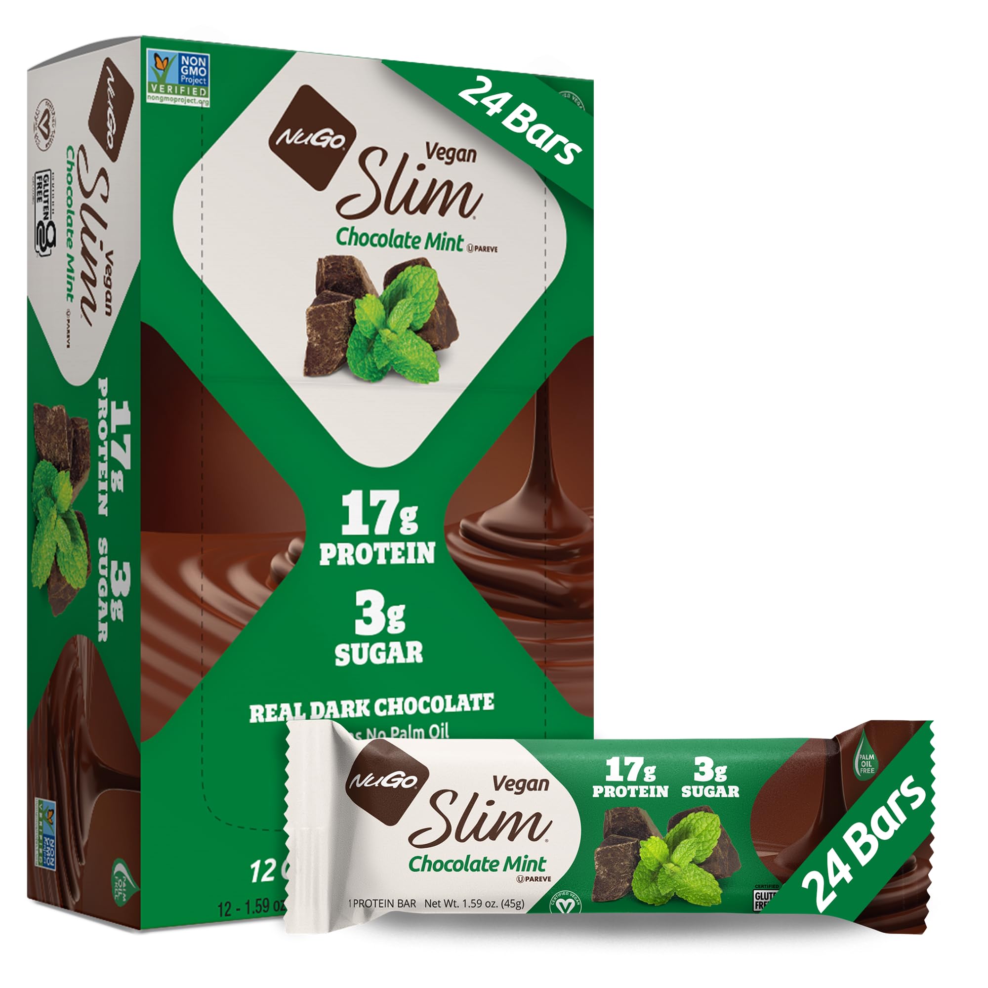 NuGo Slim Dark Chocolate Mint bar wrap shows gluten-free vegan chocolate snack