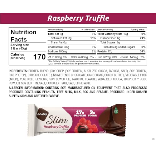 Close-up of NuGo Slim bar with dark chocolate coating and raspberry center