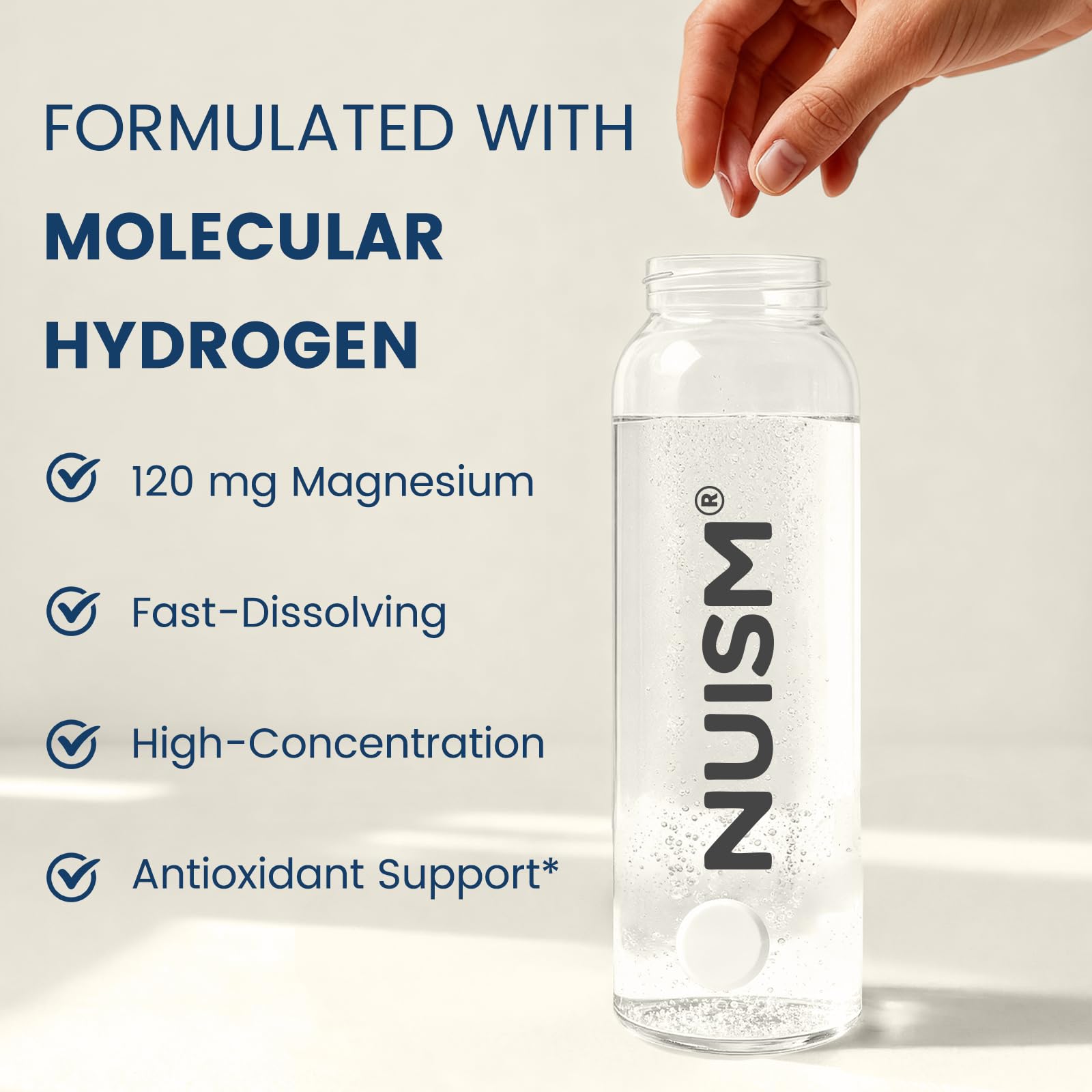 NUISM H2 molecular tabs provide fast-release hydrogen for beverages.