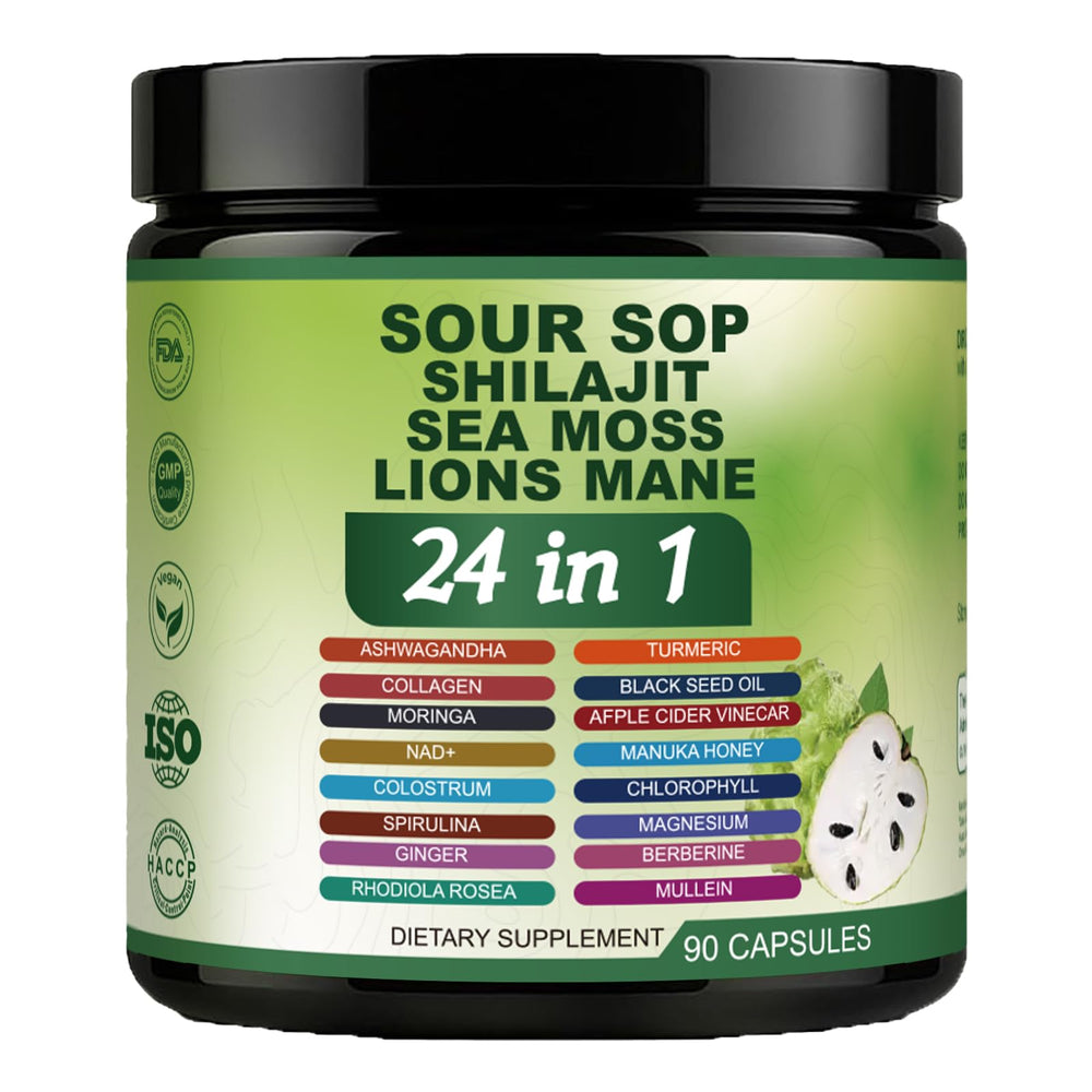 Nukupuns Soursop Capsules bottle showing 24-in-1 formula for daily wellness.