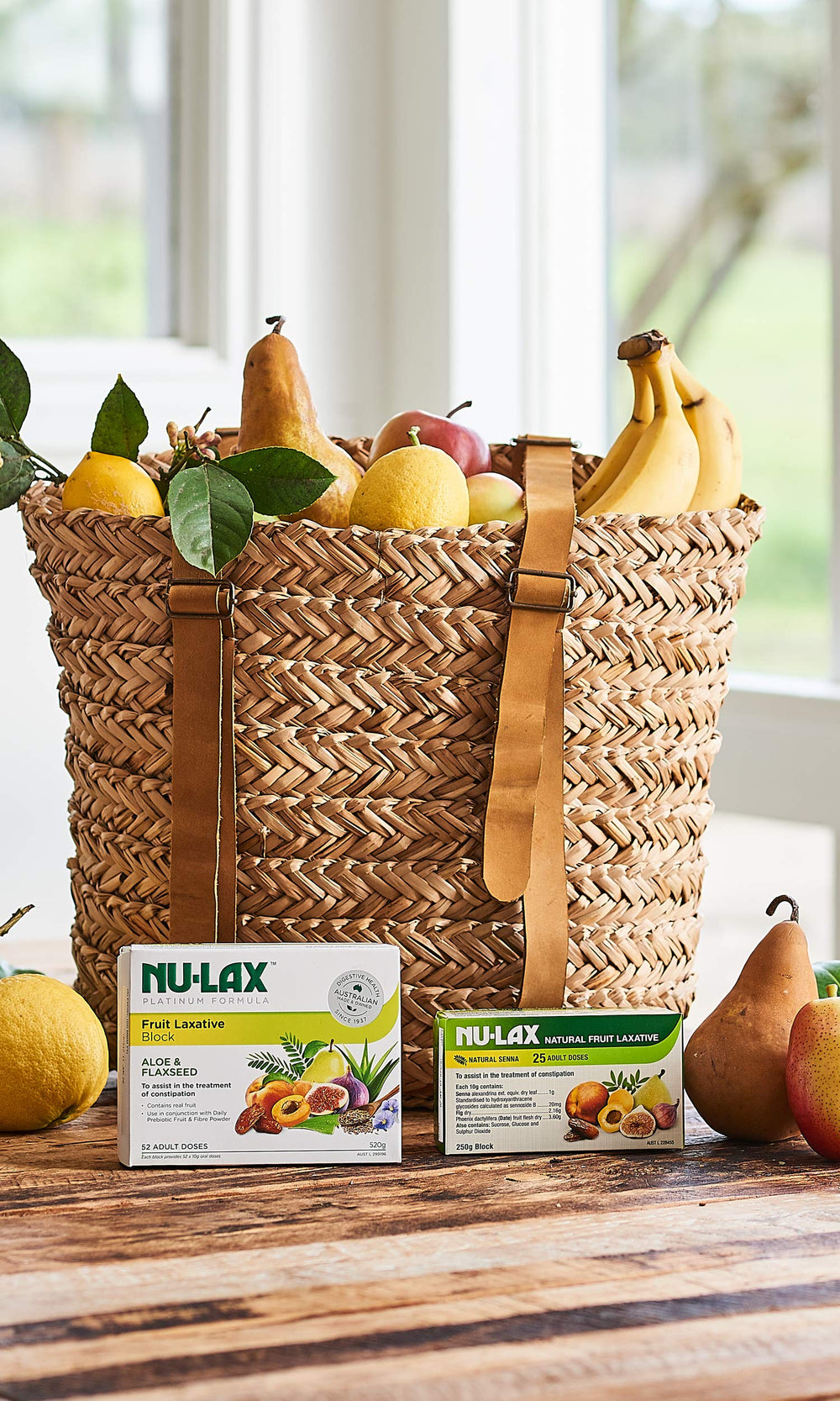 NULAX Fruit Laxative Block ingredients label shows a simple, natural fiber-rich recipe.