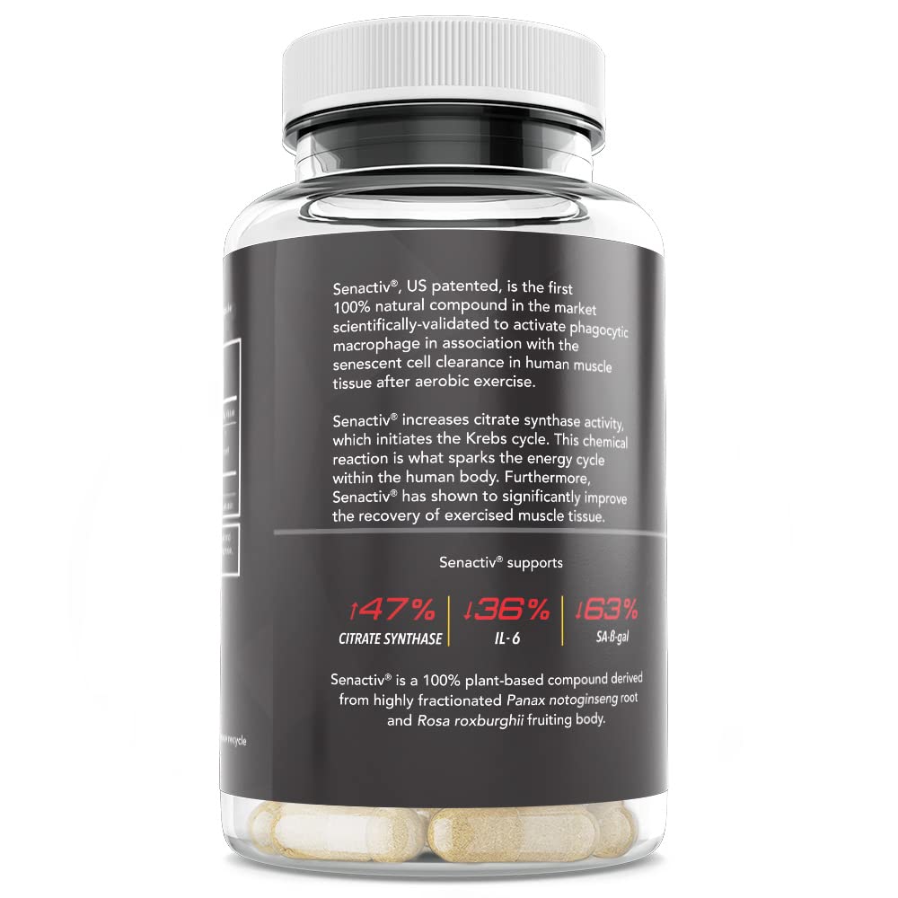 Nuliv Science Senactiv capsule close-up highlighting plant-based recovery support.