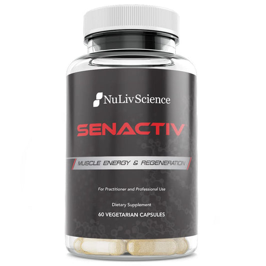 Nuliv Science Senactiv bottle being poured, showing easy dosing for workouts.