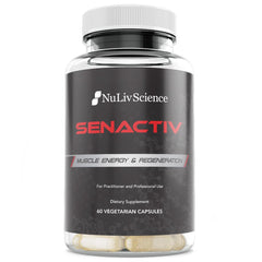 Nuliv Science Senactiv bottle being poured, showing easy dosing for workouts.