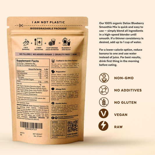 Numami Detox powder scoop with smoothie mix; easy daily detox and nutrient boost