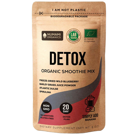Numami Detox Blueberry Smoothie Powder tub showing premium organic blend for daily detox