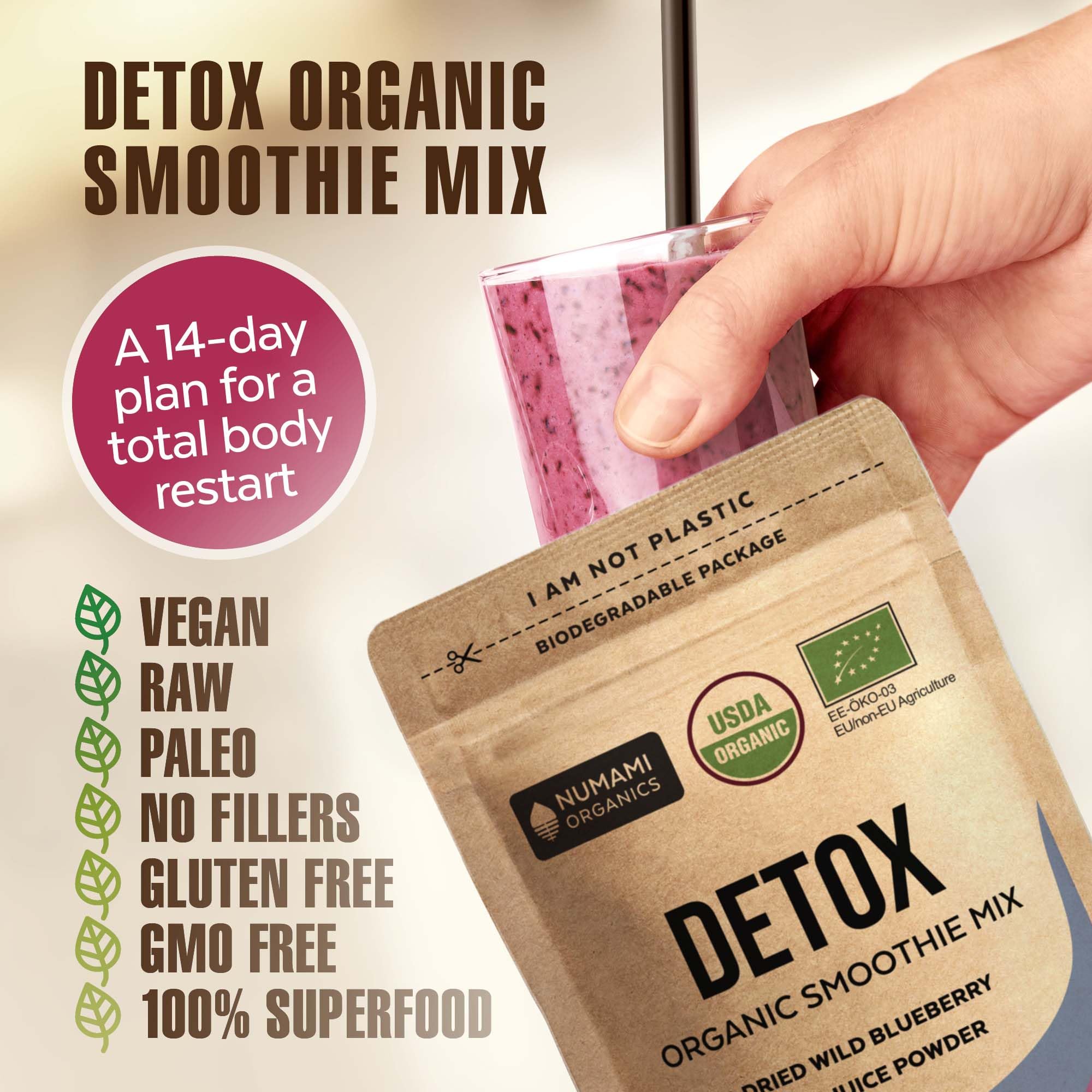 Numami Detox contains spirulina and dulse; a mild sea-green flavor profile