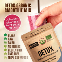 Numami Detox contains spirulina and dulse; a mild sea-green flavor profile