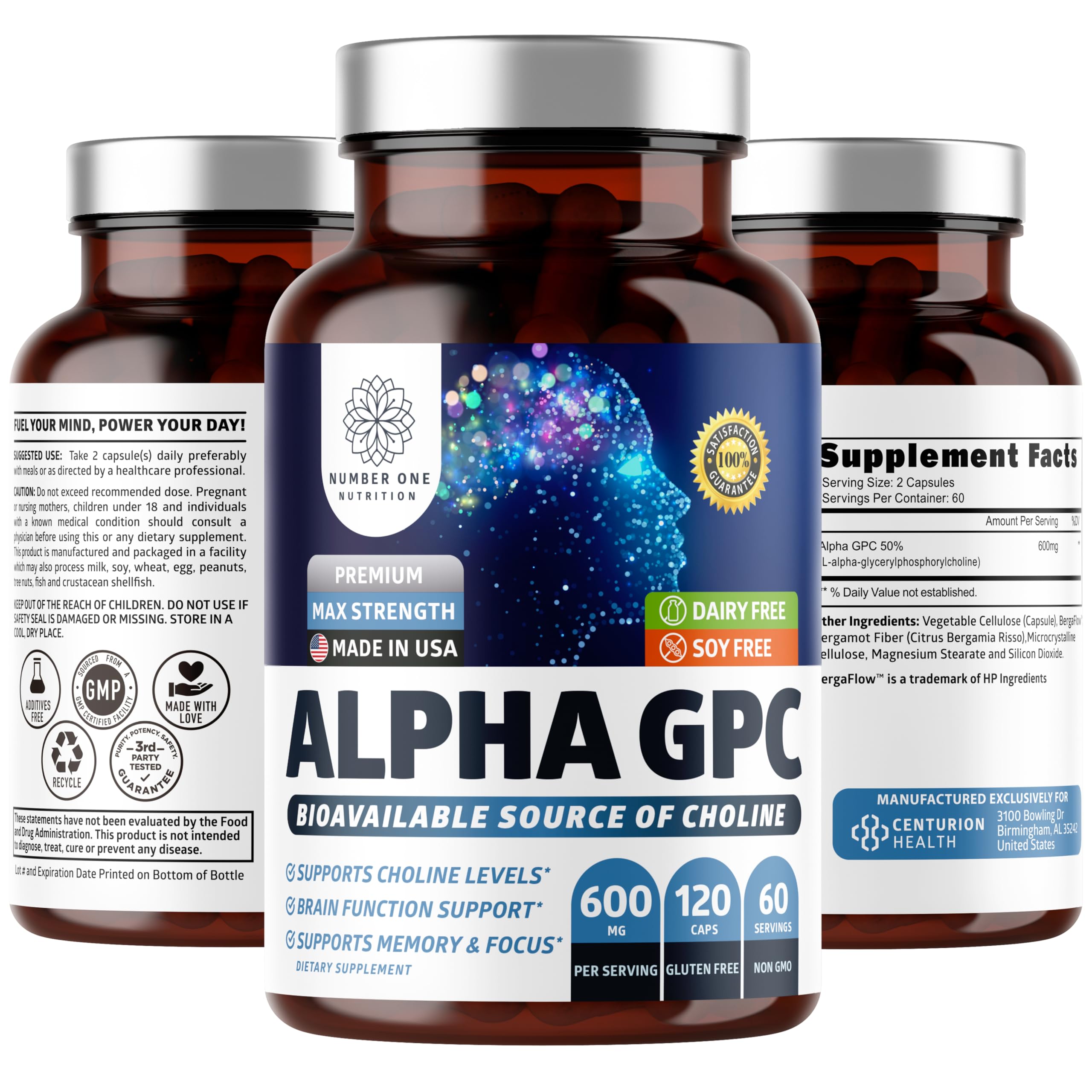 Number One Nutrition Alpha GPC capsules bottle for daily focus support and clarity.