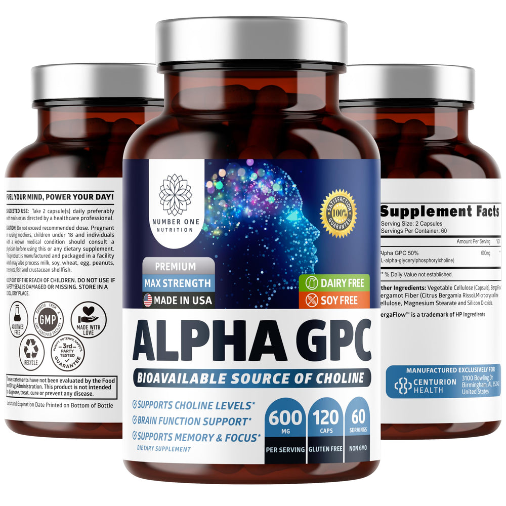 Number One Nutrition Alpha GPC capsules bottle for daily focus support and clarity.