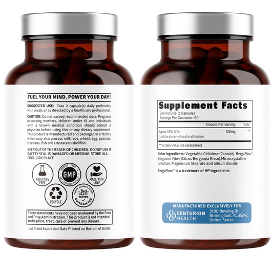Closeup of Number One Nutrition Alpha GPC capsules highlighting the vegan formula.