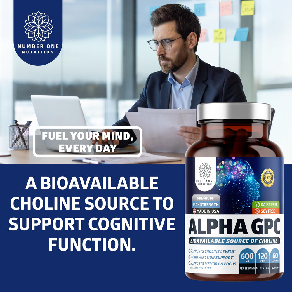 Alpha GPC capsules from Number One Nutrition resting on a table for daily use.