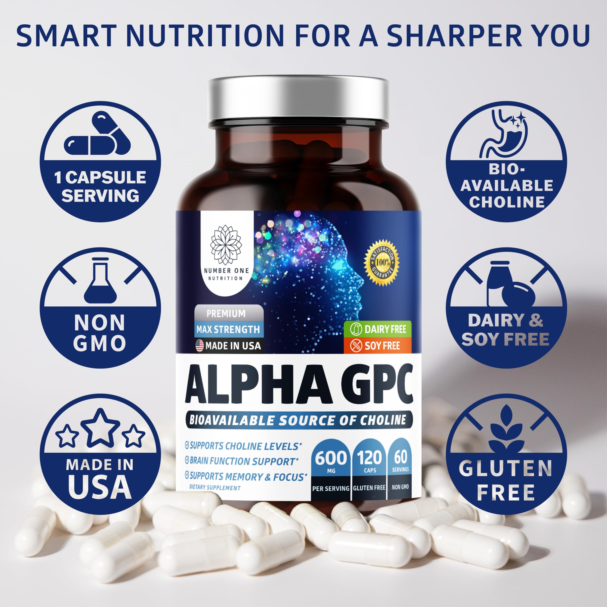 Gluten-free and soy-free Number One Nutrition Alpha GPC capsules for easy daily inclusion.