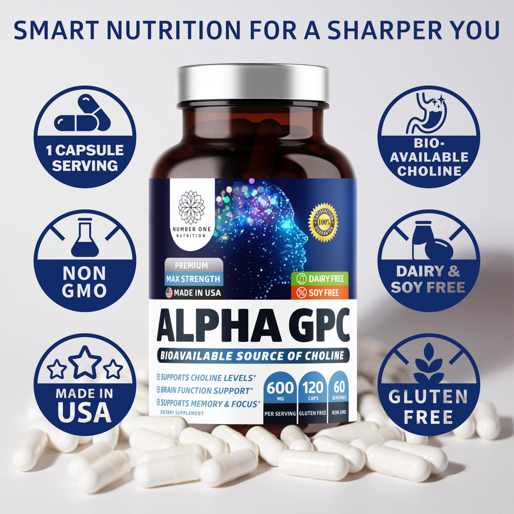 Gluten-free and soy-free Number One Nutrition Alpha GPC capsules for easy daily inclusion.
