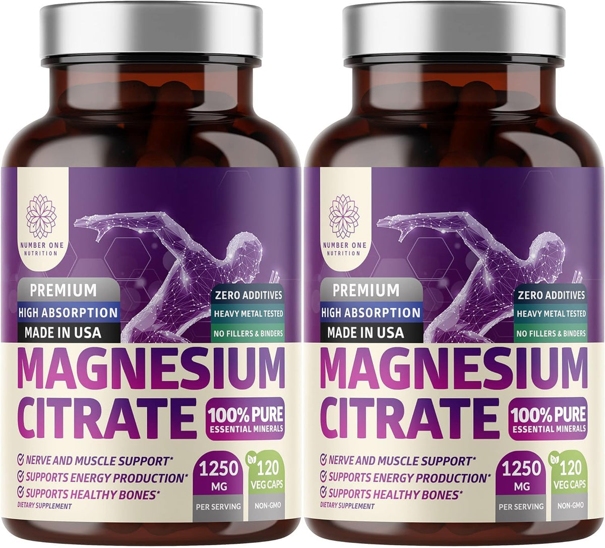 Number One Nutrition Magnesium Citrate bottle front with 1250mg serving for high absorption