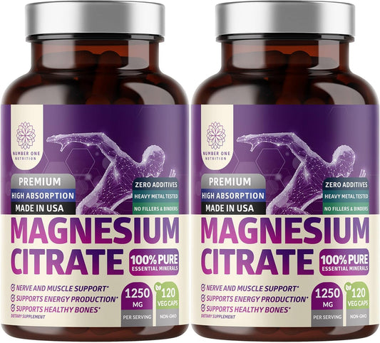 Number One Nutrition Magnesium Citrate bottle front with 1250mg serving for high absorption