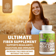 Closeup of psyllium capsules highlighting high potency fiber per serving