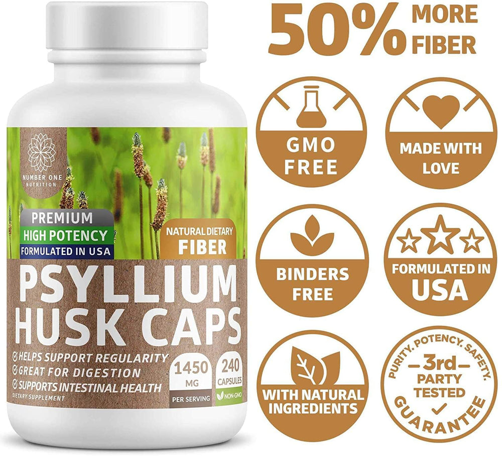 Label view shows all natural ingredients in the psyllium capsules