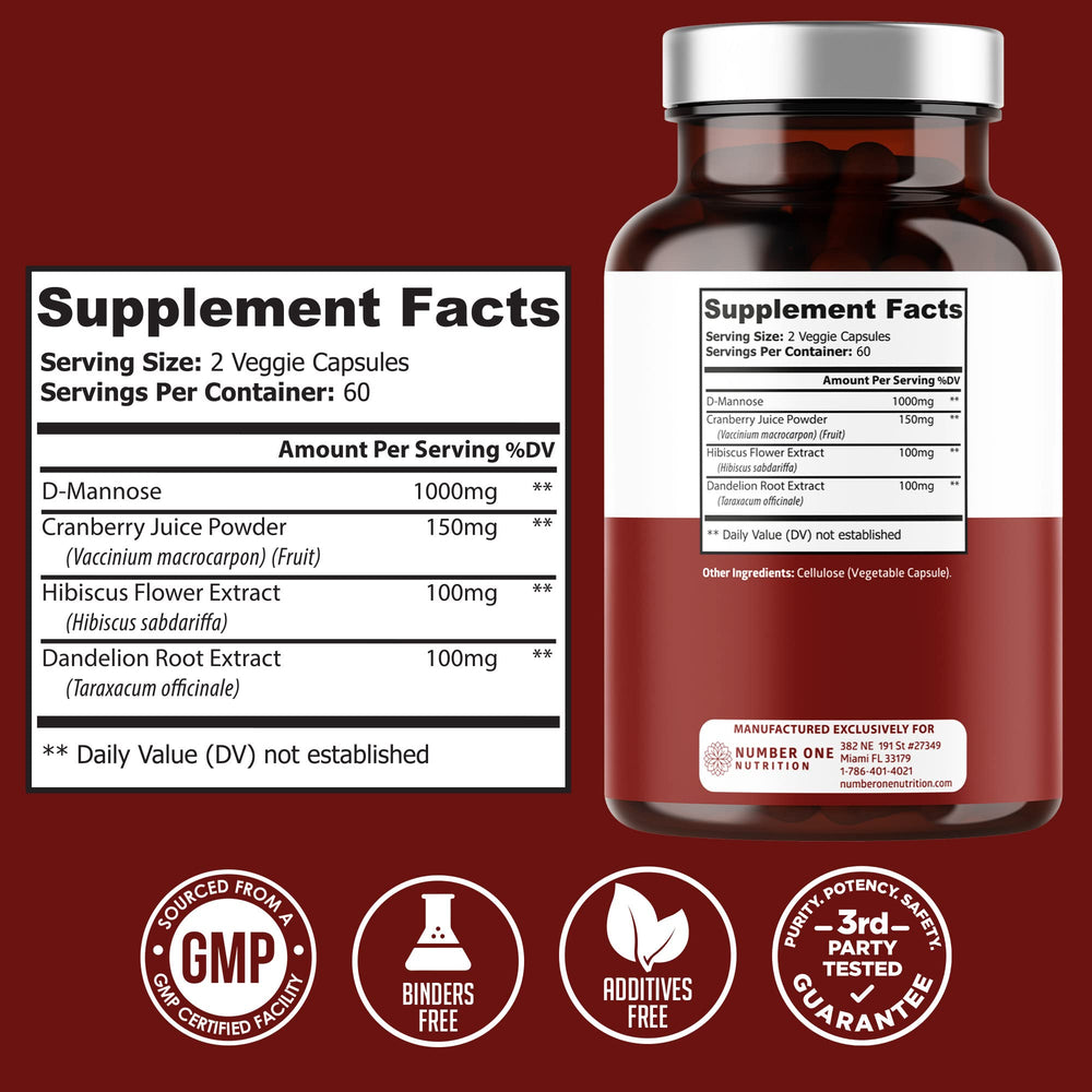 Number One Nutrition Premium D Mannose Cranberry Hibiscus capsules closeup demonstrates easy daily intake