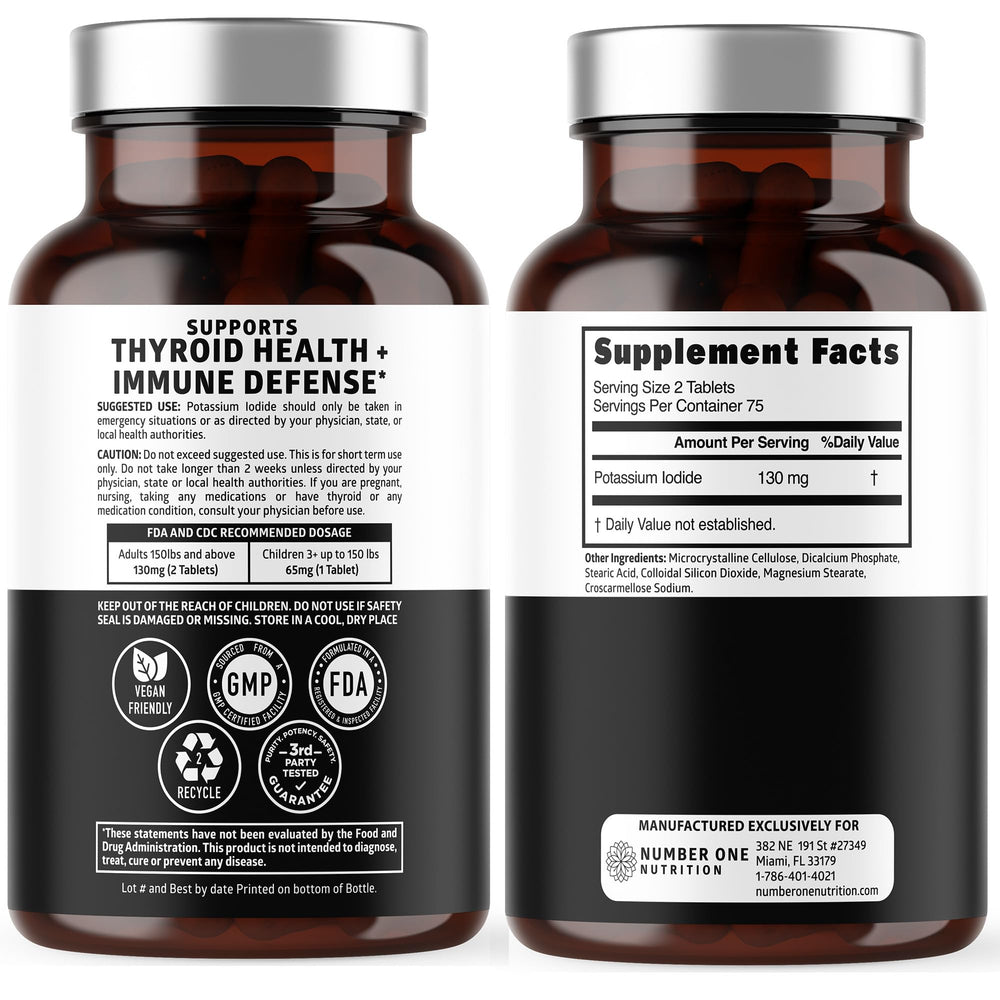 Number One Nutrition potassium iodide bottle label highlights 130 mg per serving.