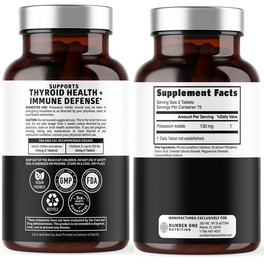 Number One Nutrition potassium iodide bottle label highlights 130 mg per serving.