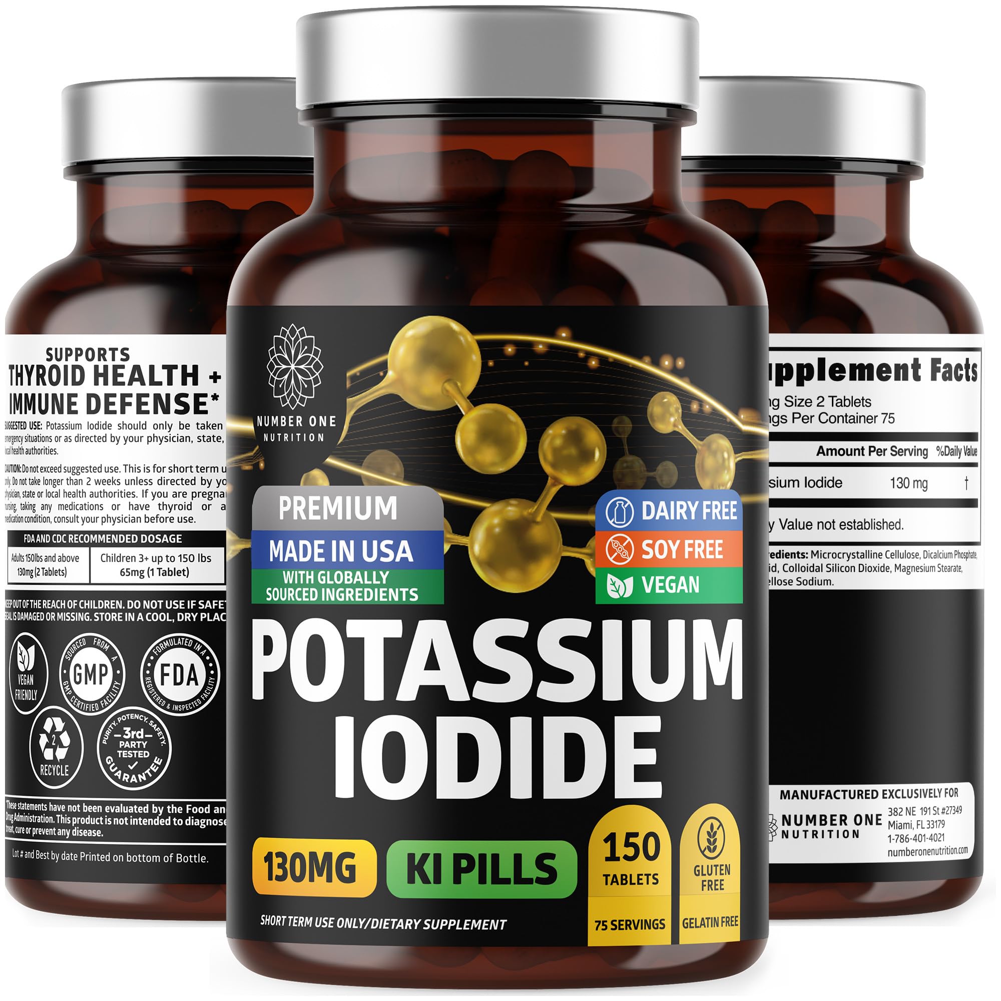 Number One Nutrition potassium iodide bottle pour demonstrates easy dosing for quick use.