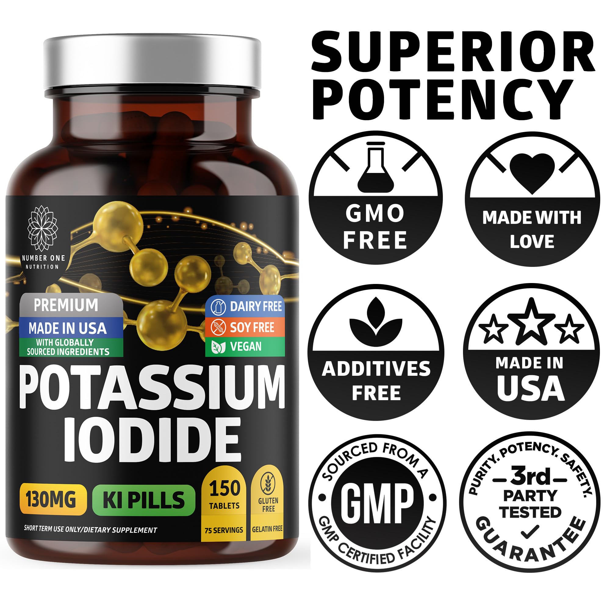 Number One Nutrition potassium iodide manufactured in USA facility ensures quality.