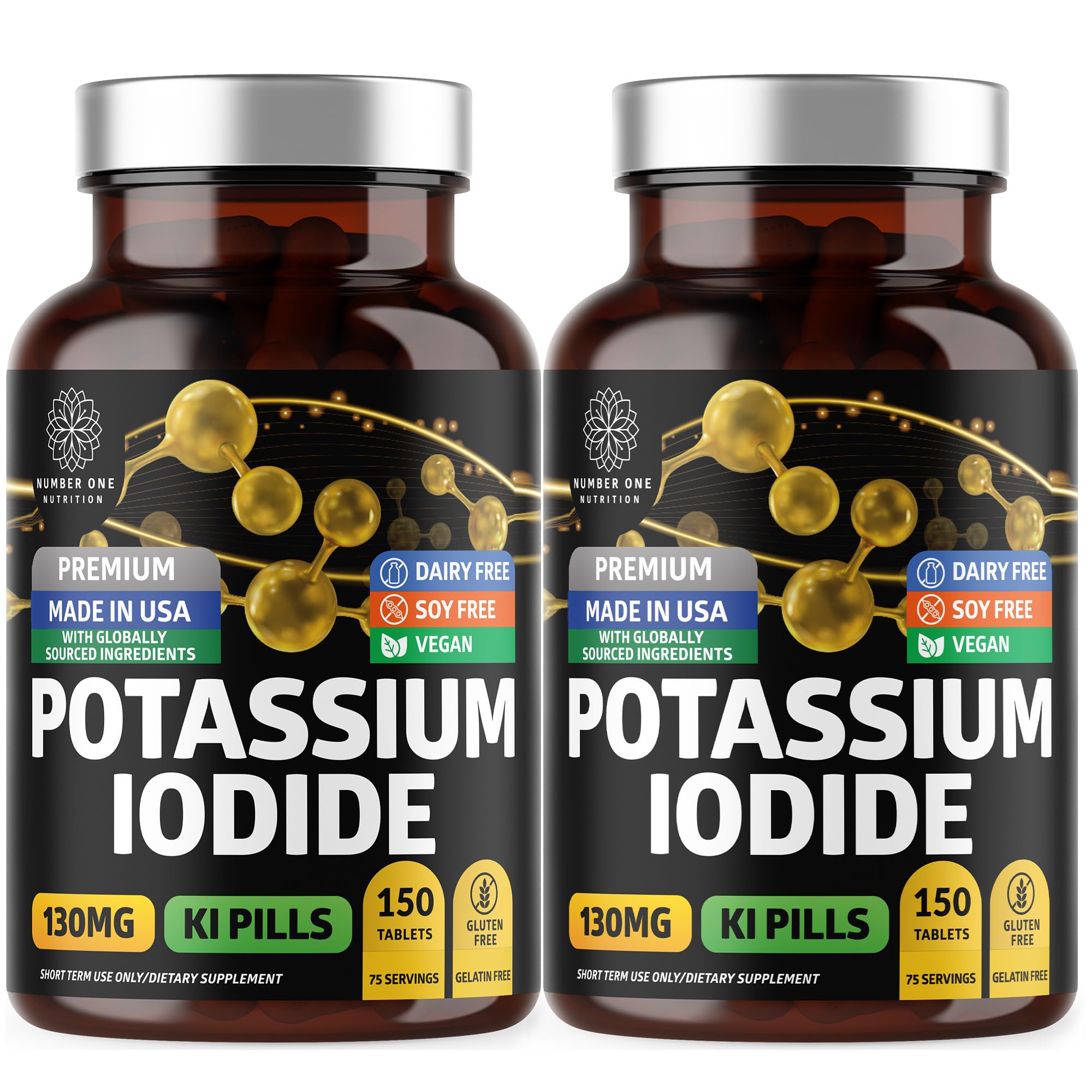 Number One Nutrition potassium iodide tablets bottle pour shows convenient, easy-to-swallow daily supplements.