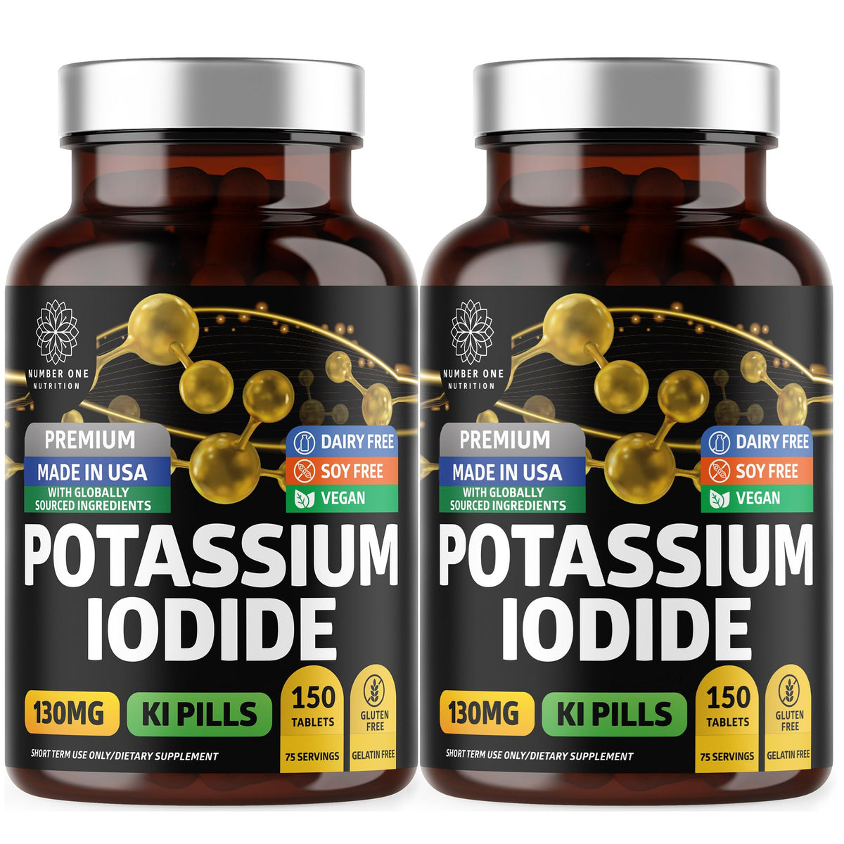 Number One Nutrition potassium iodide tablets bottle pour shows convenient, easy-to-swallow daily supplements.