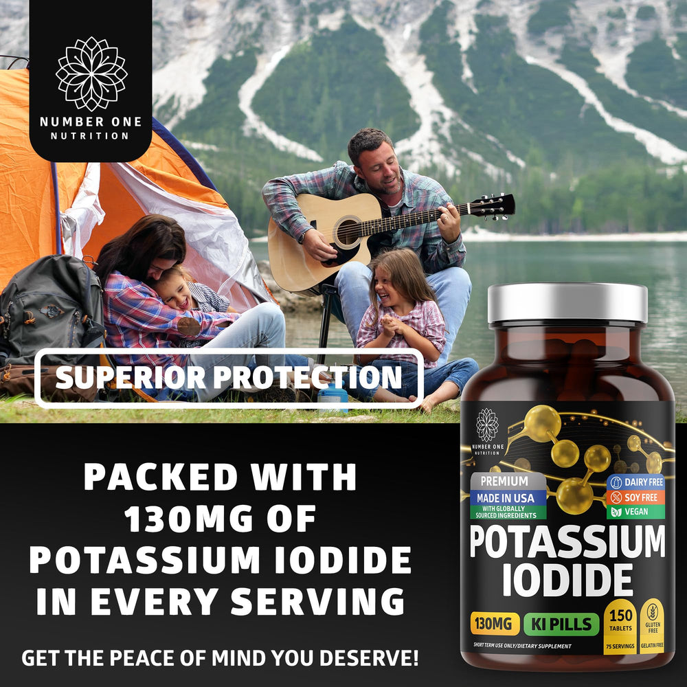 Number One Nutrition potassium iodide tablets close-up emphasizes 130 mg per serving and stable potency.