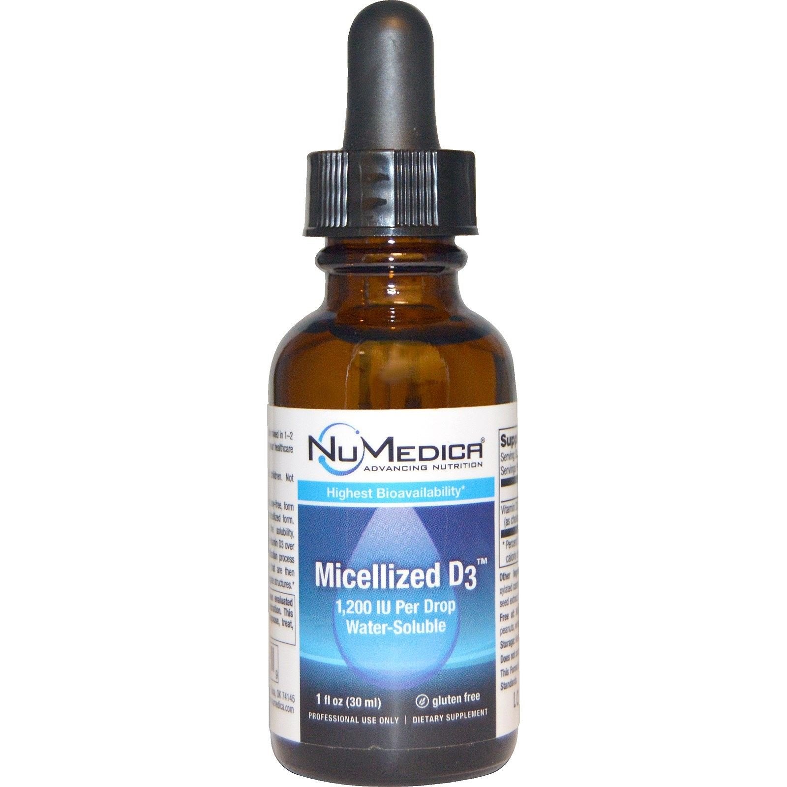 NuMedica Micellized D3 1200 bottle with smooth liquid for easy daily dosing.