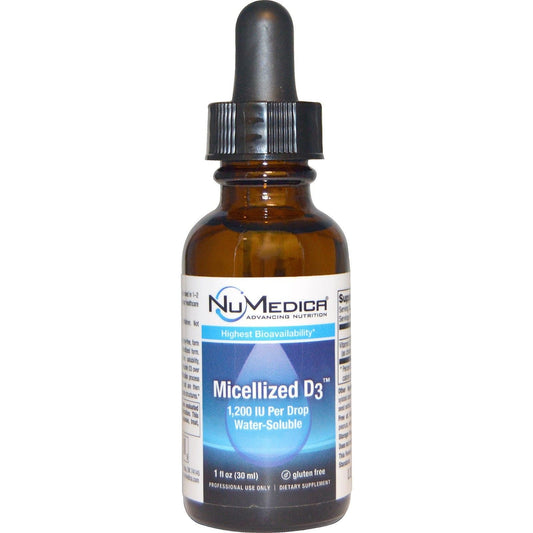 NuMedica Micellized D3 1200 bottle with smooth liquid for easy daily dosing.