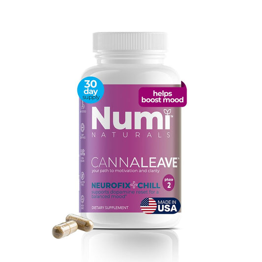 Numi Naturals Neurofix+Chill bottle-front view, highlighting dopamine support for daytime focus.