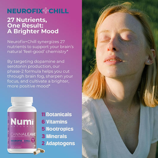 Numi Naturals Neurofix+Chill label close-up showing vegan, non-GMO formulation.