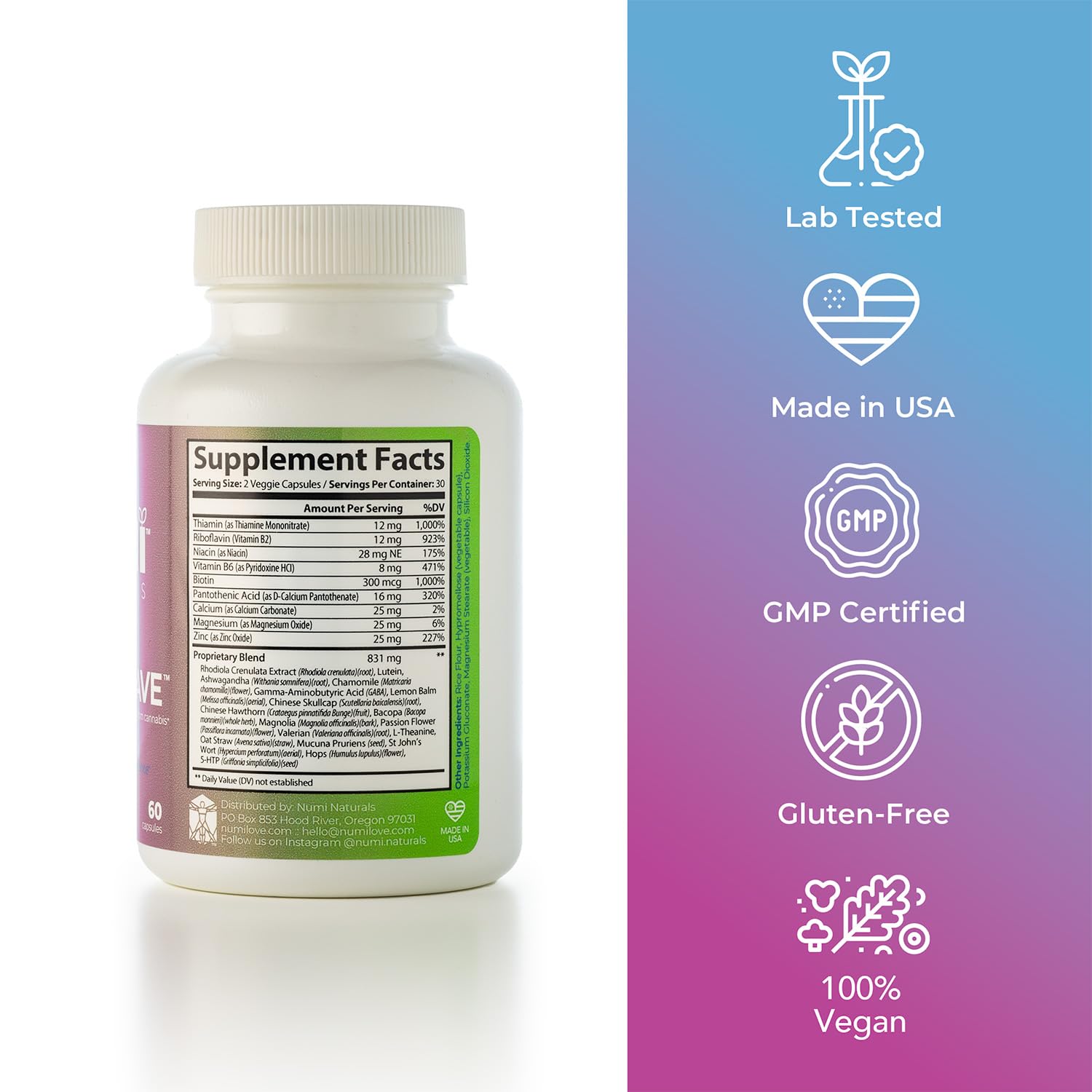 Numi Naturals Neurofix+Chill pills next to a clock for time-aware use.