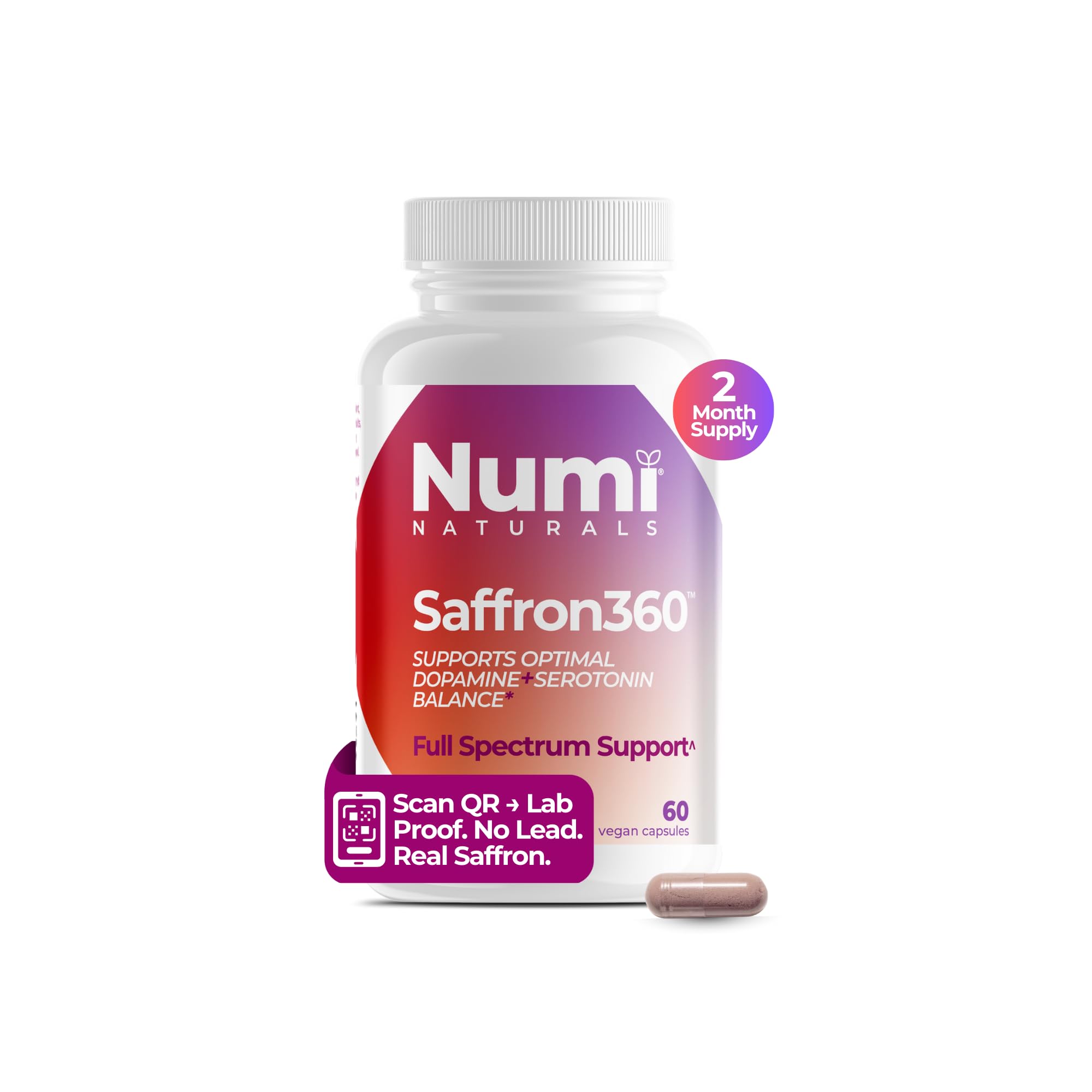 Numi Naturals saffron extract bottle supports daily mood and focus.