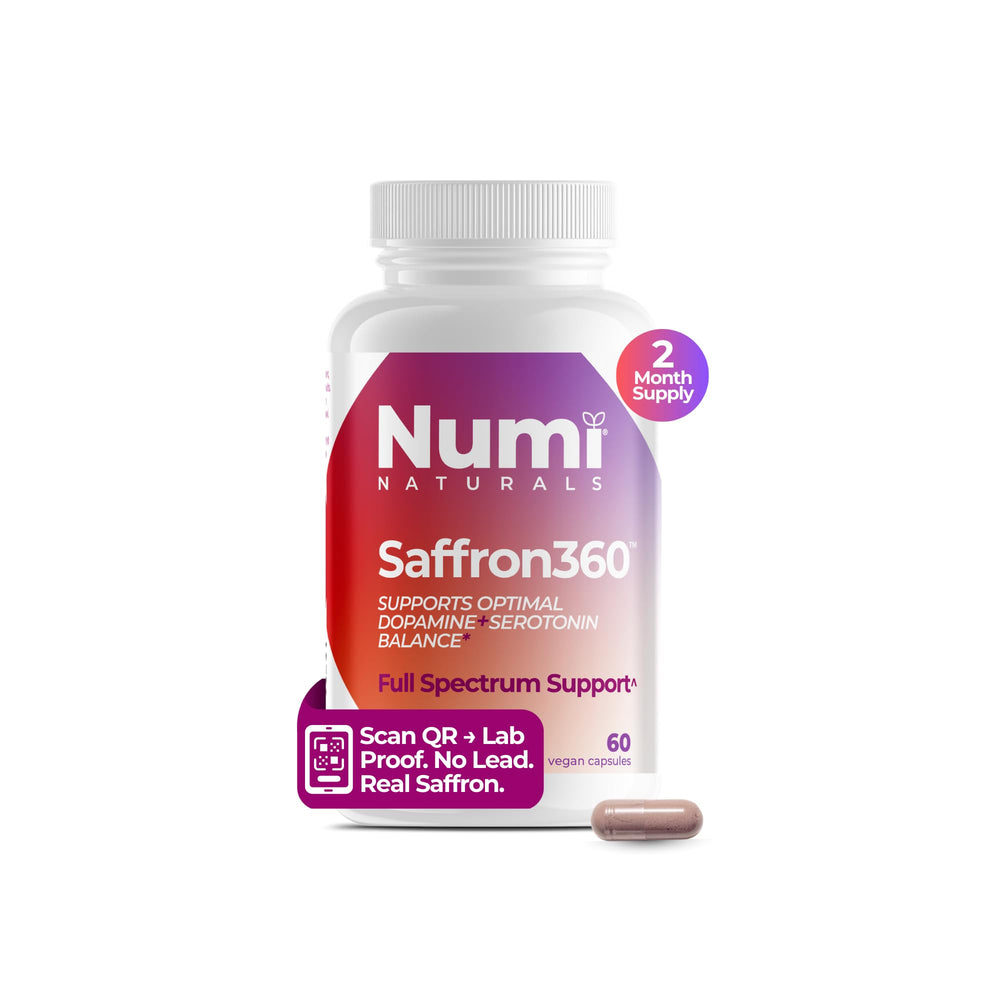 Numi Naturals saffron extract bottle supports daily mood and focus.