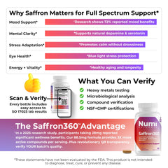 Numi Naturals saffron ingredients highlight a clean, 3-ingredient formula.