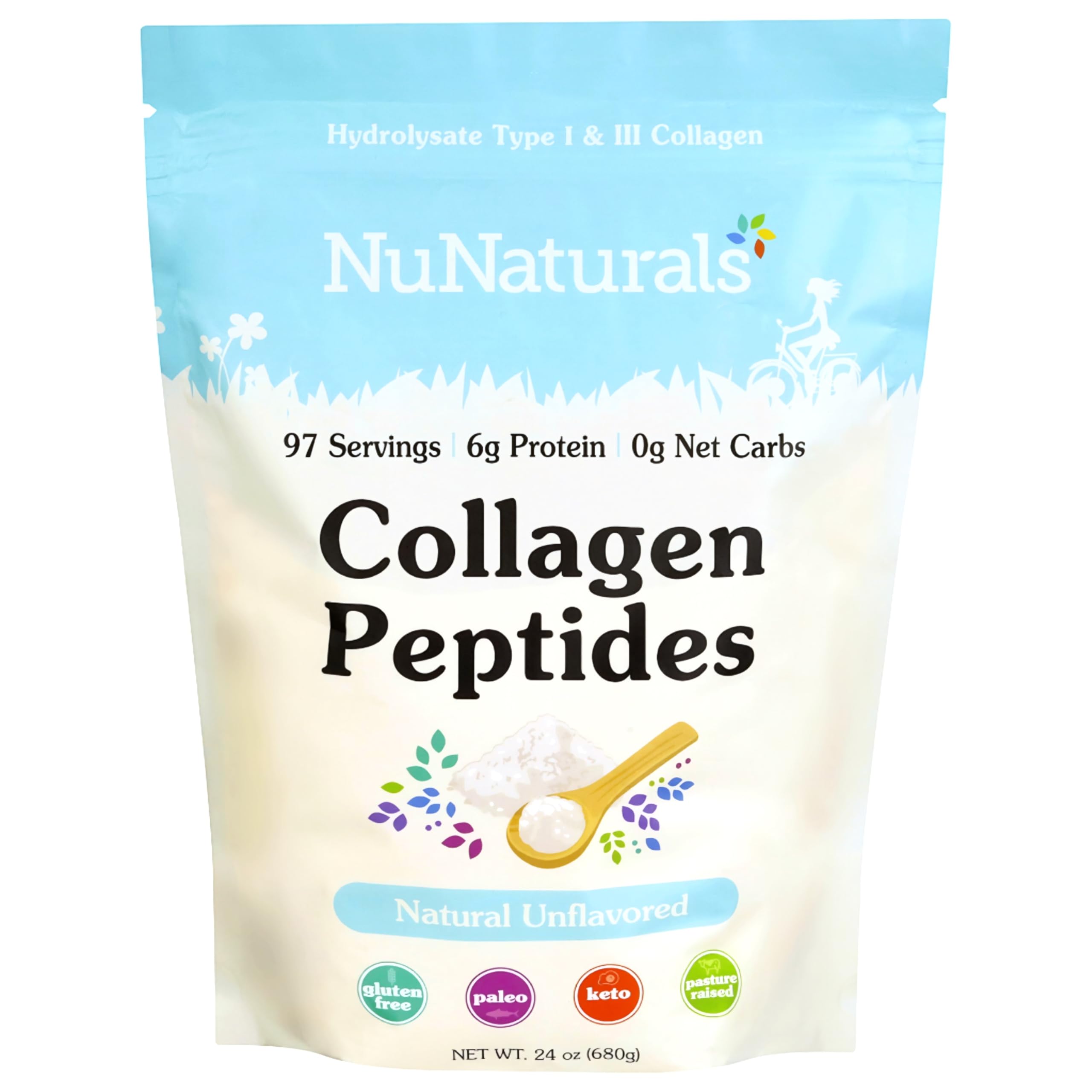 Nunaturals Collagen Peptides tub front showing Type I and III collagen supporting skin and hair