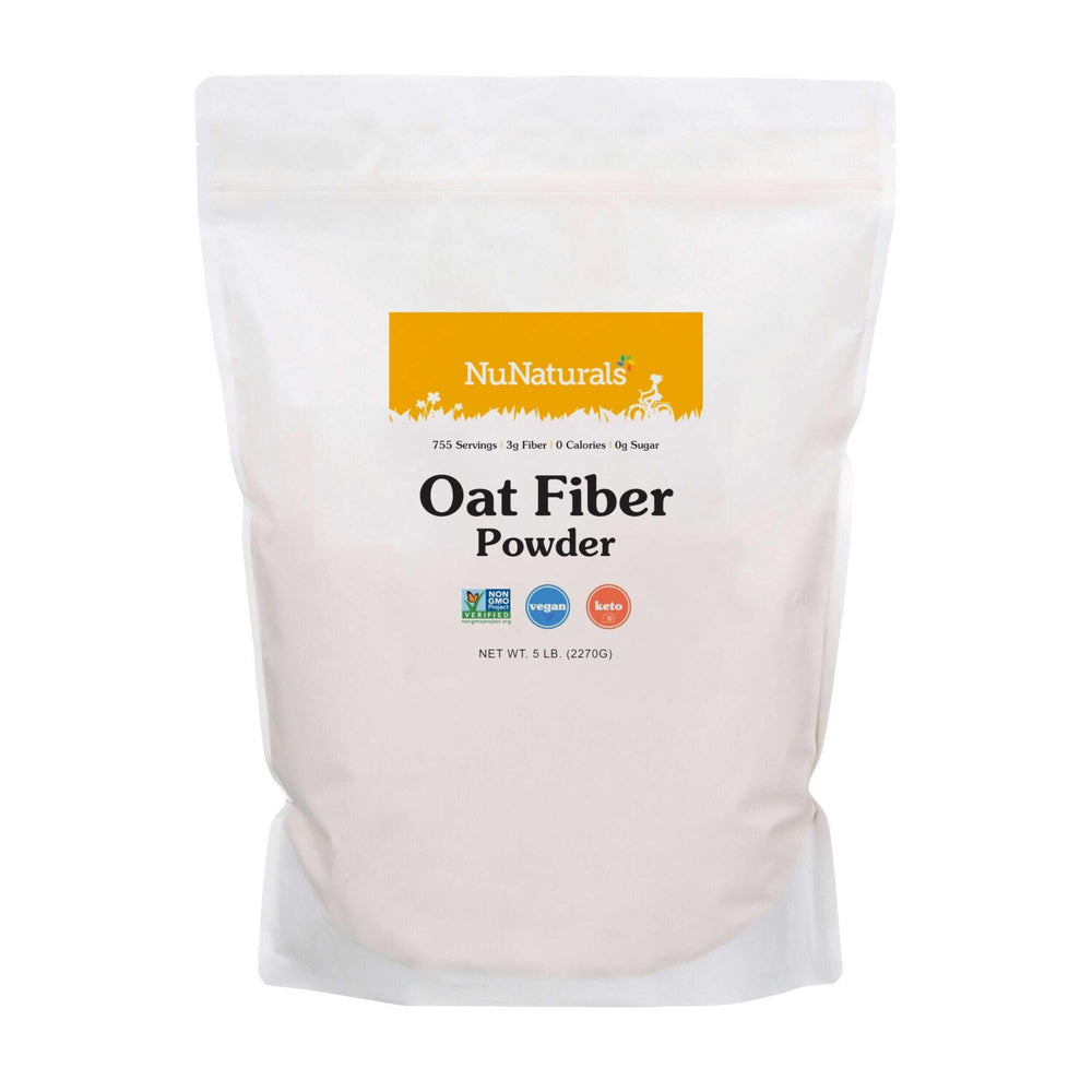 NuNaturals Oat Fiber Powder bag and spoon, showing natural fiber for daily digestive support.