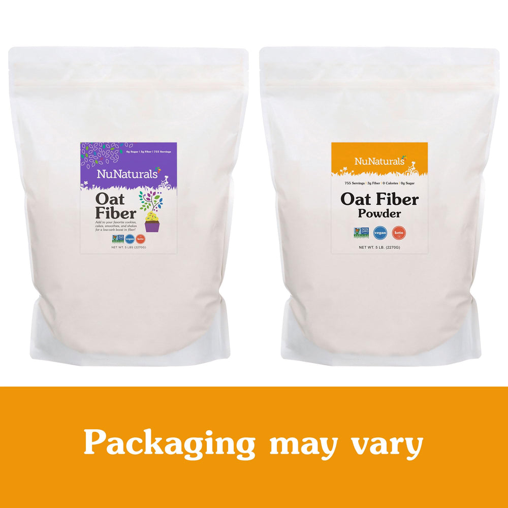 NuNaturals Oat Fiber Powder label shows vegan and Non-GMO verification.