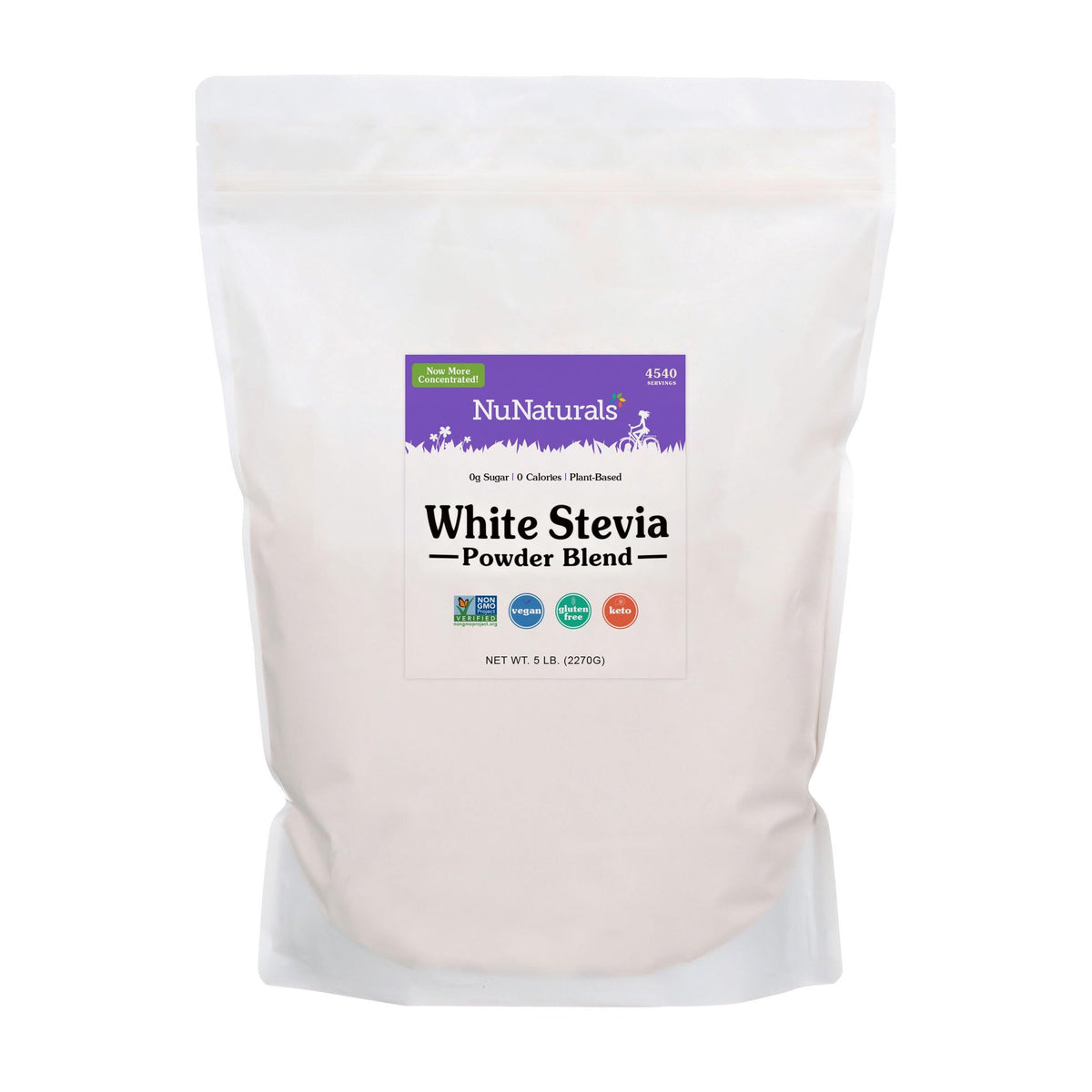 NuNaturals White Stevia Powder packaging shows a 5 lb bag for versatile sugar-free sweetness
