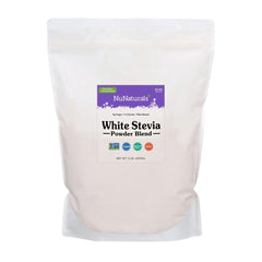 NuNaturals White Stevia Powder packaging shows a 5 lb bag for versatile sugar-free sweetness
