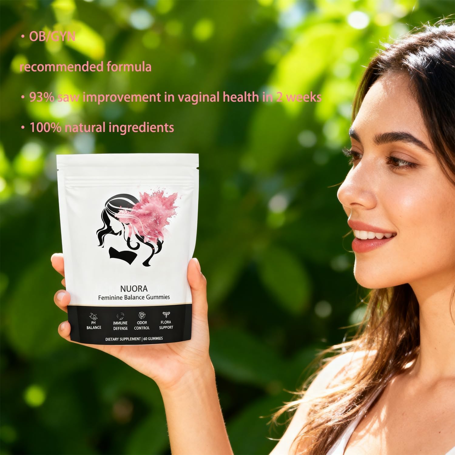 Two gummies with water in daily-use routine by Nuora for gentle consistency.