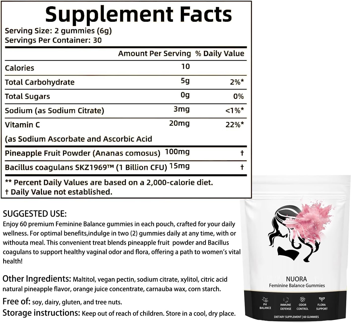 Nuora label showing vegan, sugar-free, gluten-free badges and clean ingredients.