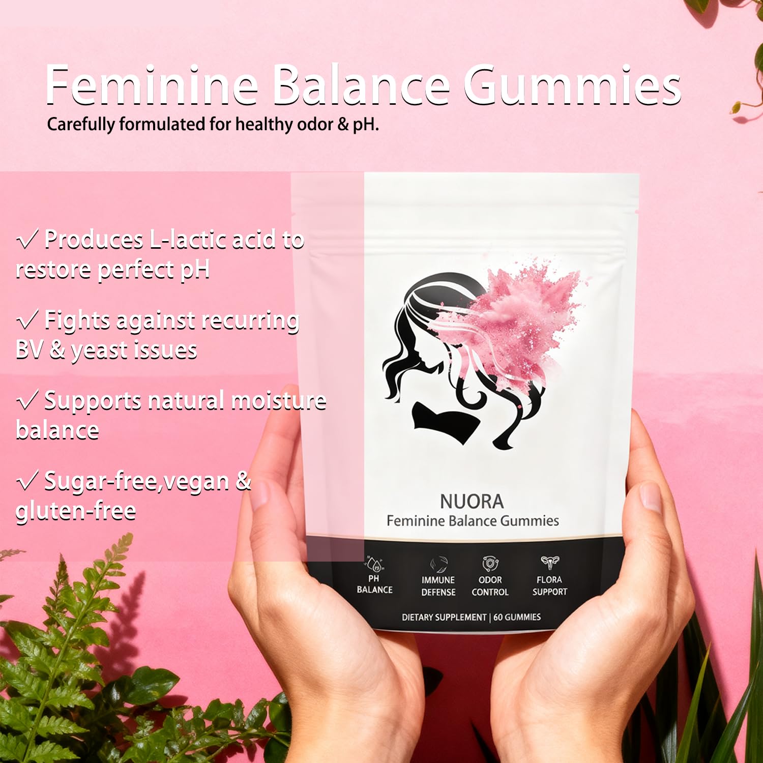 Nuora label notes sugar-free vegan and gluten-free formulation.