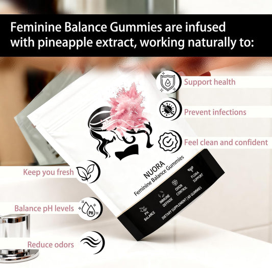 Nuora gummies package close-up showing pineapple imagery for pH balance and odor control.