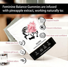 Nuora gummies package close-up showing pineapple imagery for pH balance and odor control.